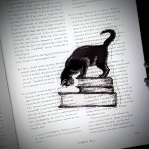 May include: A black cat with a white chest sits on top of a stack of books. The books have titles like "Great and Doctor" and "King and Farrier". The image is a black and white illustration.