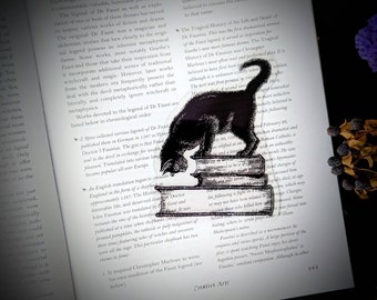 Könnte beinhalten: Eine schwarze Katze mit weißer Brust sitzt auf einem Stapel Bücher. Die Bücher haben Titel wie "Groß und Doktor" und "König und Hufschmied". Das Bild ist eine Schwarzweißillustration.