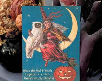 5x7 Art Print Vintage Illustration Halloween Night Witch Owl Familiar Moon Victorian Era Goth Gothic Horror Home Wall Decor Weird Gift