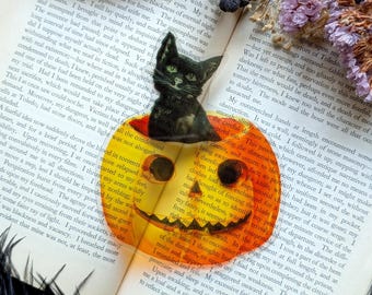 Clear Bookmark Vintage Illustration Black Cat Pumpkin Jack O Lantern Fall Autumn Halloween Book Reader Lover Gift Handmade Artist
