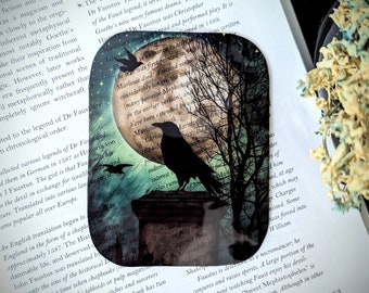 Clear Bookmark Crow Raven Tombstone Full Moon Gothic Goth Horror Halloween Dark Academia Handmade Artist Book Reader Lover Gift