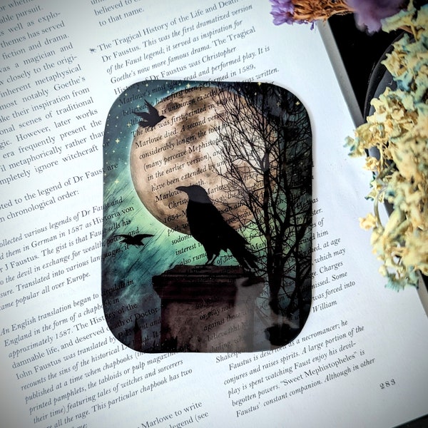 Clear Bookmark Crow Raven Tombstone Full Moon Gothic Goth Horror Halloween Dark Academia Handmade Artist Book Reader Lover Gift