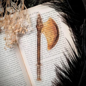 May include: An open book with text, a dried flower arrangement, and a decorative glass object. The book's pages are yellowed, and the glass object is brown and slender. Black feathers frame the scene.