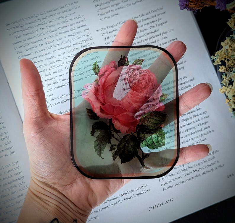 Clear Bookmark Vintage Pink Rose Flower Floral Victorian Goth Dark Academia Handmade Artist Book Reader Lover Gift image 3