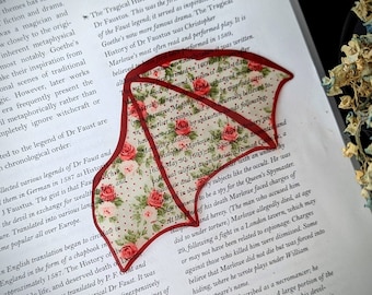 Clear Bookmark Red Floral Flower Patterned Bat Dragon Wing Goth Gothic Dark Academia Book Lover Reader Gift Handmade Artist