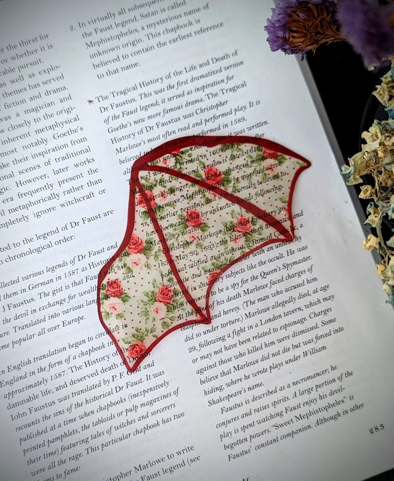 Clear Bookmark Red Floral Flower Patterned Bat Dragon Wing Goth Gothic Dark Academia Book Lover Reader Gift Handmade Artist image 1