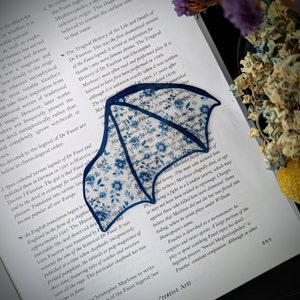 Clear Bookmark Blue Floral Flower Patterned Bat Dragon Wing Goth Gothic Dark Academia Book Lover Reader Gift Handmade Artist image 1