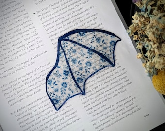 Clear Bookmark Blue Floral Flower Patterned Bat Dragon Wing Goth Gothic Dark Academia Book Lover Reader Gift Handmade Artist