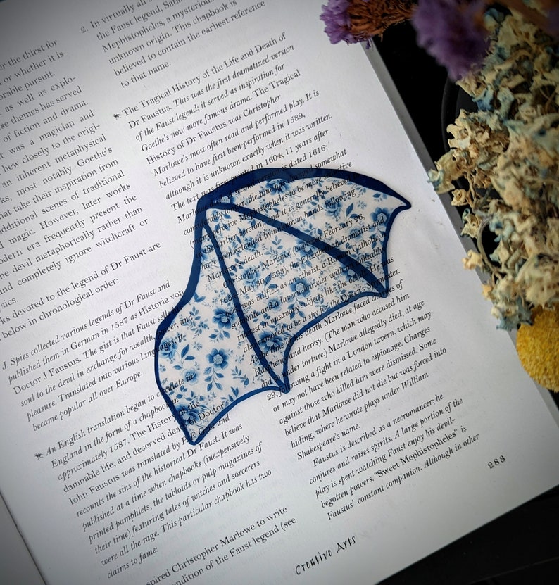 Clear Bookmark Blue Floral Flower Patterned Bat Dragon Wing Goth Gothic Dark Academia Book Lover Reader Gift Handmade Artist image 1