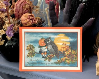5x7 Art Print Vintage Illustration Halloween Night Pumpkin Child Owl Goth Gothic Horror Home Wall Decor Gift Weird Dark Occult Gift