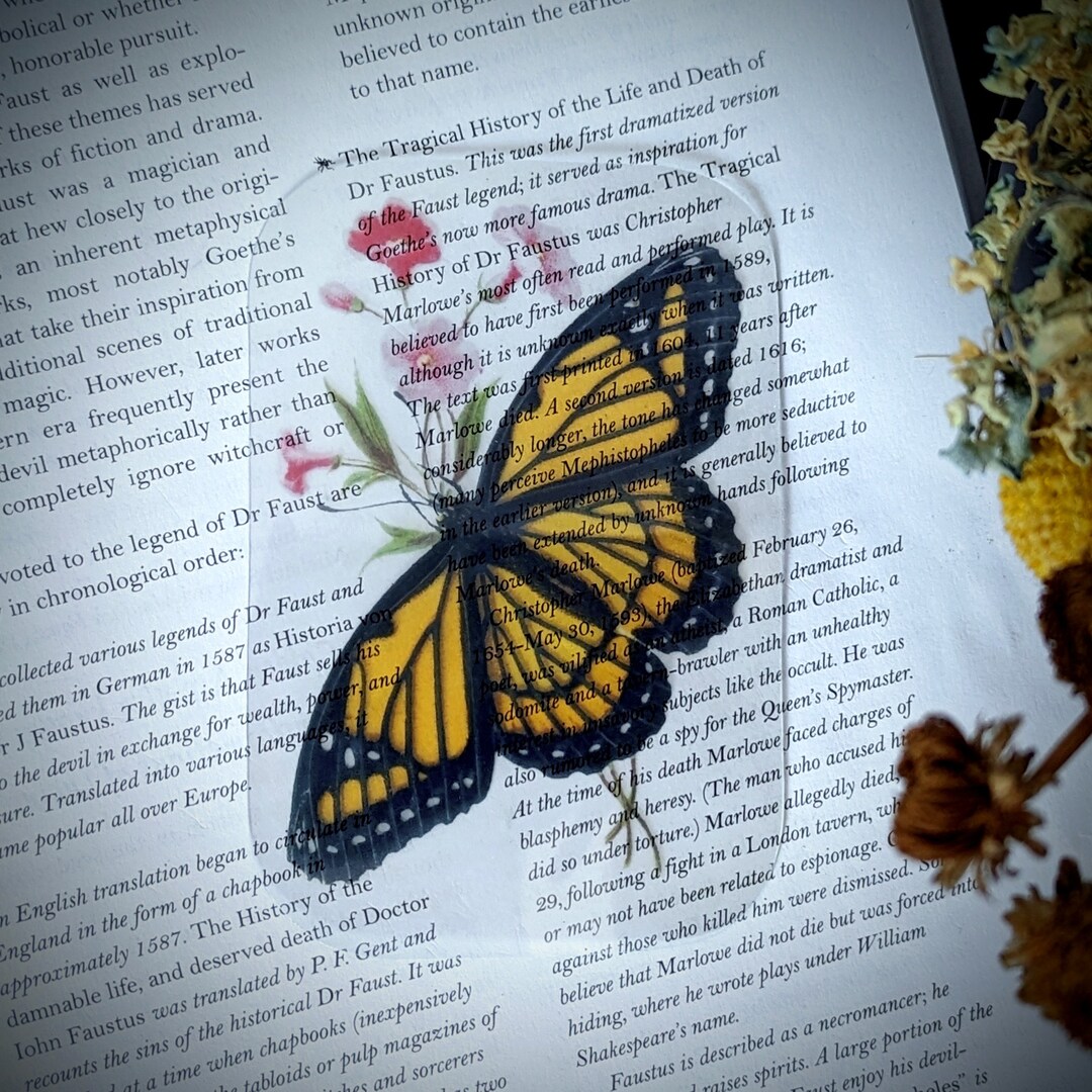 Clear Bookmark Vintage Monarch Butterfly Flowers Insect Bug Nature Dark ...