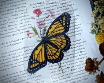 Clear Bookmark Vintage Monarch Butterfly Flowers Insect Bug Nature Dark Academia Fairycore Cottagecore Witchcore Handmade Art Book Gift