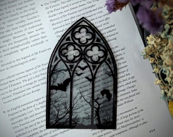 Clear Bookmark Gray Cathedral Church Window Night Scene Bats Flying Forest Eerie Goth Gothic Horror Dark Academia Book Reader Lover Gift