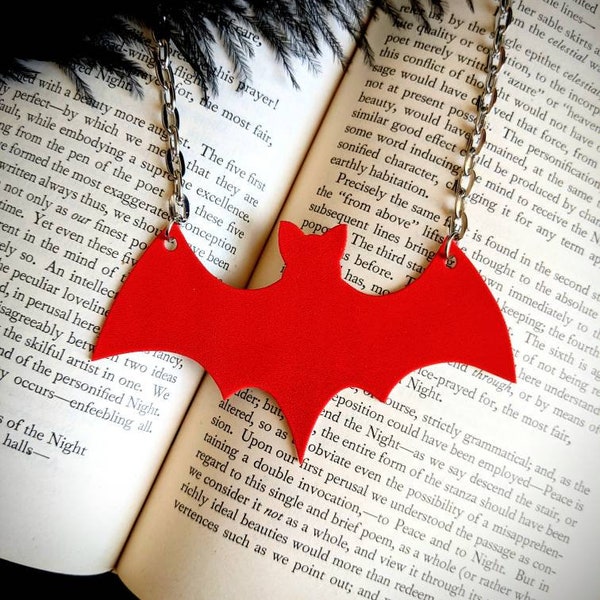 Red Bat Necklace Halloween Goth Gothic Horror Unusual Odd Thorn Hex Girls Cosplay Shrink Plastic Handmade Artist Durable Wearable Art