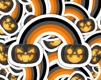 Sticker imperméable en vinyle Halloween arc-en-ciel Jack O Lanterns citrouilles Orange noir gothique effrayant sorcière sorcellerie horreur étrange sombre impair