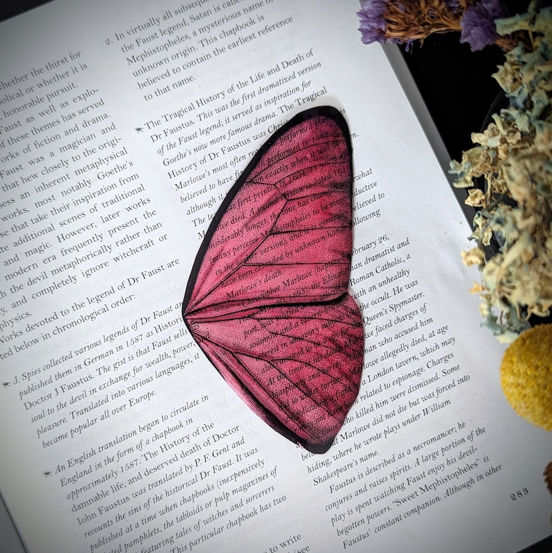 Clear Bookmark Vintage Pink Butterfly Moth Wing Insect Nature Dark Academia Fairycore Cottagecore Handmade Artist Book Reader Lover Gift image 1