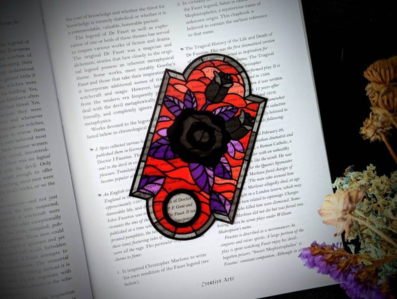 Clear Bookmark Black Rose Flower Stained Glass Mosaic Goth Gothic Halloween Horror Creepy Weird Punk Art image 1