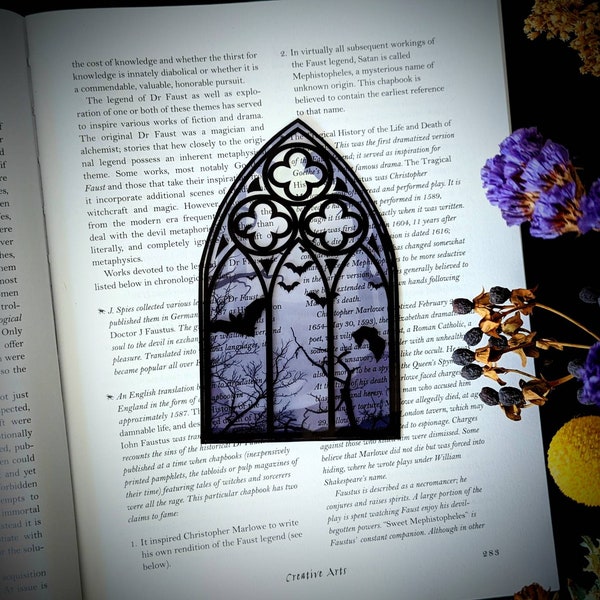 Clear Bookmark Cathedral Church Window Night Scene Bats Flying Forest Woods Purple Eerie Goth Gothic Halloween Horror Creepy Oddities
