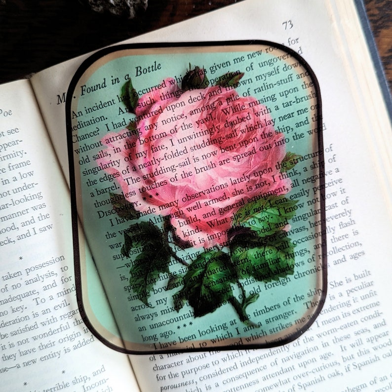 Clear Bookmark Vintage Pink Rose Flower Floral Victorian Goth Dark Academia Handmade Artist Book Reader Lover Gift image 4