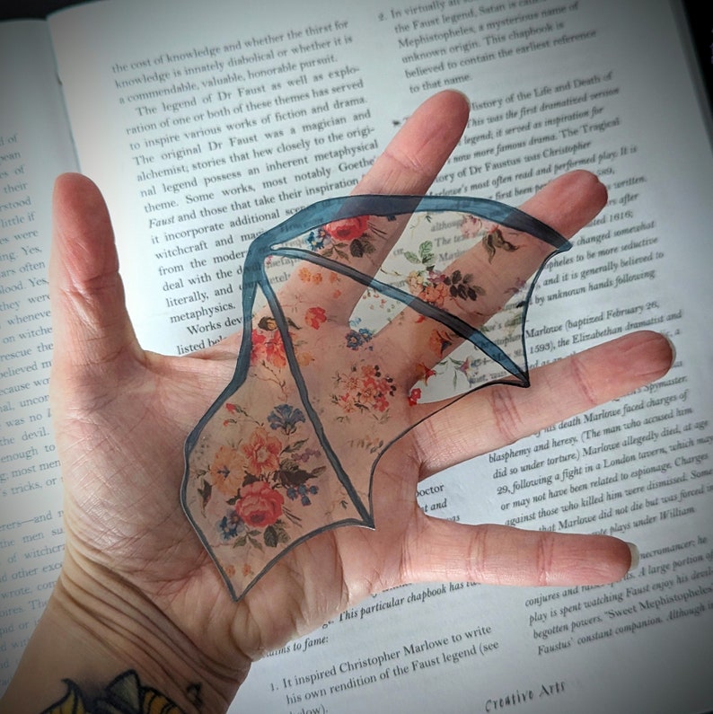 Clear Bookmark Floral Flower Patterned Bat Dragon Wing Goth Gothic Dark Academia Book Lover Reader Gift Handmade Artist image 3
