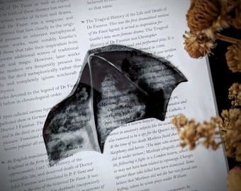 Clear Bookmark Black Gray Watercolor Bat Dragon Wing Goth Gothic Fantasy Sci-Fi Book Lover Reader Gift Handmade Artist