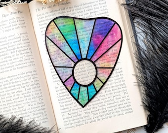 Clear Bookmark Planchette Stained Glass Effect Iridescent Colorful Ouija Witch Goth Gothic Horror Handmade Artist Book Reader Lover Gift