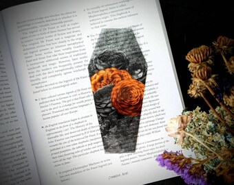 Bladwijzer wissen Oranje en zwarte bloemen Boeket Doodskist Goth Gothic Halloween Horror Griezelige eigenaardigheden