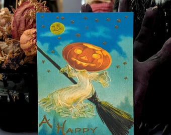 5x7 Art Print Vintage Illustration Halloween Night Witch Woman Jack O Lantern Victorian Era Goth Gothic Horror Home Wall Decor Weird Gift