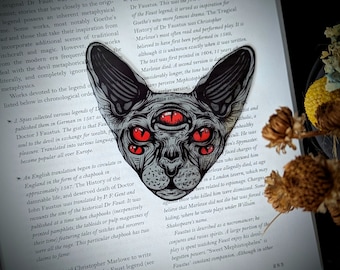 Clear Bookmark Hairless Sphinx Cat Feline Five Red Eyes Creepy Goth Gothic Halloween Horror Handmade Artist Book Lover Reader Gift