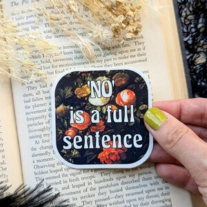 Op de afbeelding: Een sticker met een bloemige achtergrond en de tekst "NO is a full sentence" in witte letters.