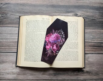 Purple Pink Floral Flowers Bouquet Coffin Bookmark Goth Gothic Halloween Horror Creepy Oddities