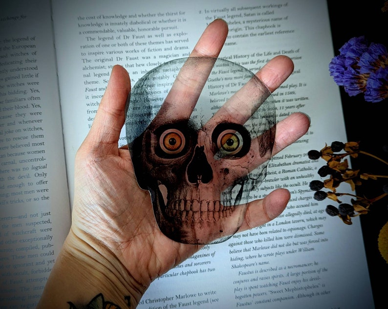 Clear Bookmark Human Skull Yellow Eyes Skeleton Goth Gothic Halloween Horror Creepy Spooky Anatomy Oddities image 2