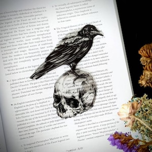 Clear Bookmark Raven Crow Corvus Human Skull Goth Gothic Halloween Horror Dark Academia Handmade Artist Book Reader Lover Gift