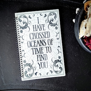 May include: A black and white spiral bound notebook with a spiderweb design and the text "I have crossed oceans of time to find you".