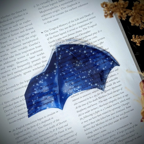 Marque-page transparent bleu ciel étoilé chauve-souris aile de dragon Gothique fantastique science-fiction amateur de livres cadeau artiste fait main