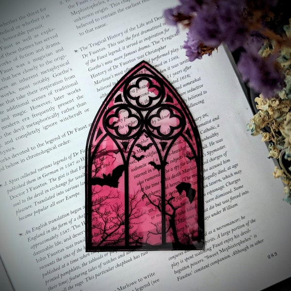 Clear Bookmark Pink Cathedral Church Window Night Scene Bats Flying Forest Eerie Goth Gothic Horror Dark Academia Book Reader Lover Gift