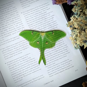 Clear Bookmark Green Luna Moth Goth Dark Academia Cottagecore Fairy Witch Nature Bug Insect Butterfly Handmade Artist Book Reader Lover Gift image 1