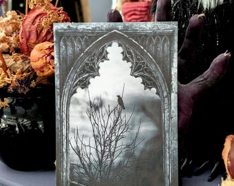 5x7 Art Print Gothic Goth Cathedral Arch Crow Raven Dead Tree Bare Branches Halloween Home Wall Art Decor Gift