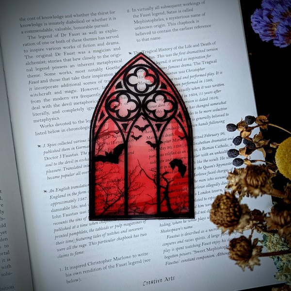 Clear Bookmark Cathedral Church Window Night Scene Bats Flying Forest Woods Red Eerie Goth Gothic Halloween Horror Creepy Oddities