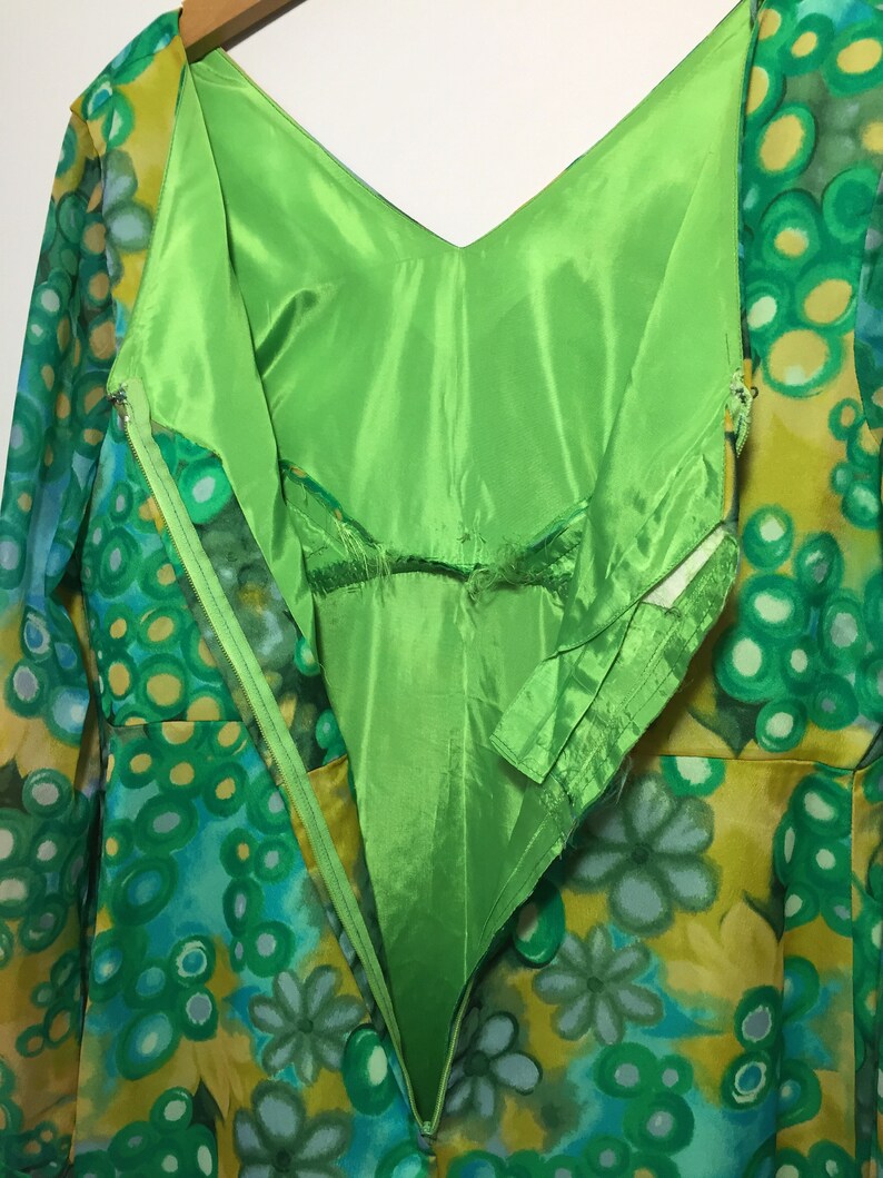 Wedding Formal Gown Vintage 60s70s Green Yellow Bridesmaid Prom Dress Melody Dress Toronto. Sheer Organza Chiffon Floral Layered Maxi
