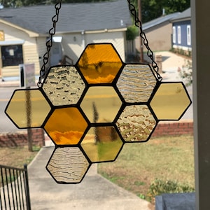 Honeycomb Suncatcher - shades of amber textured glass
