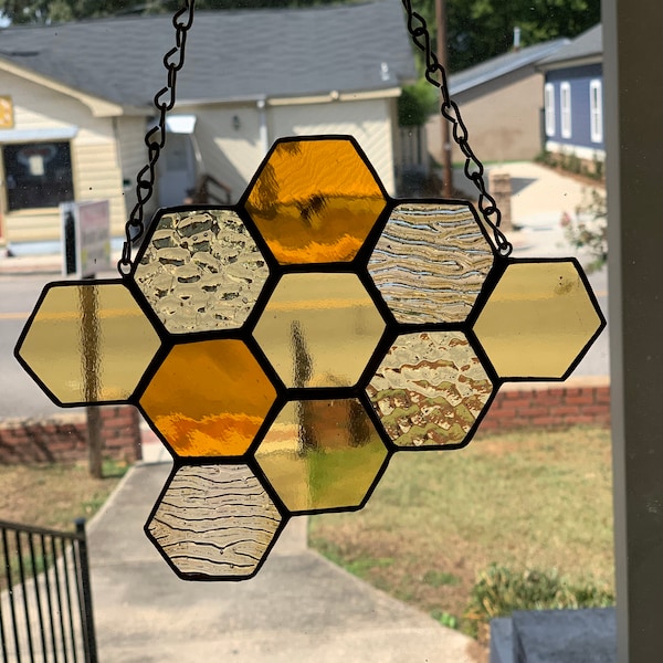 Honeycomb Suncatcher - shades of amber textured glass