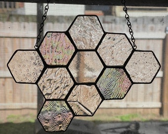 Honeycomb Suncatcher  - mixed clear and iridescent textured clear