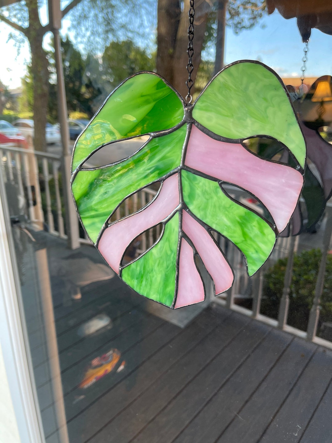 Monstera Leaf pink & Green Variegated Suncatcher Etsy