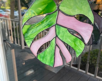 Monstera Leaf (pink & green) variegated Suncatcher