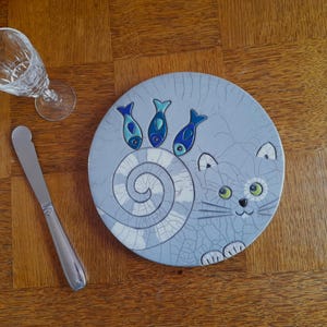 Dessous de plat céramique raku Chat et poissons