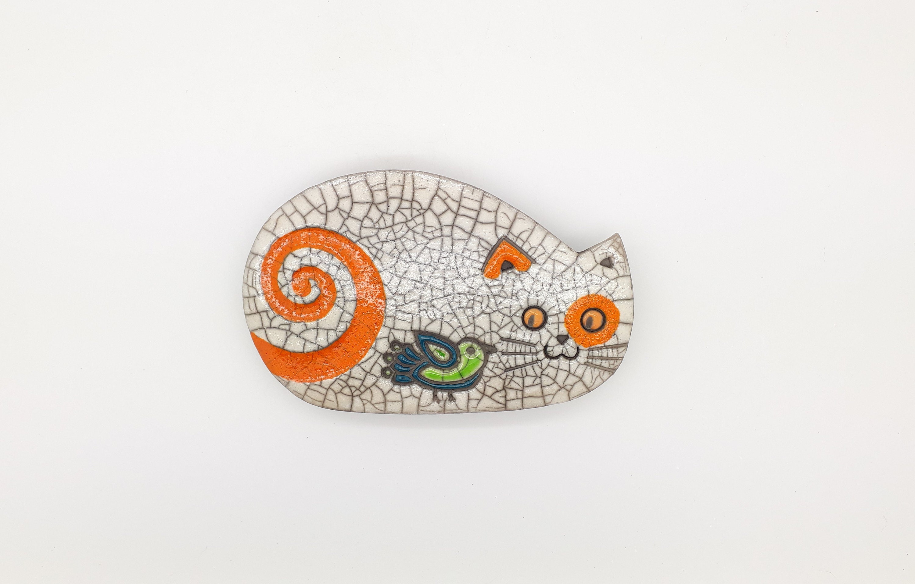 Plaque Murale Raku Chat Roux à L'oiseau