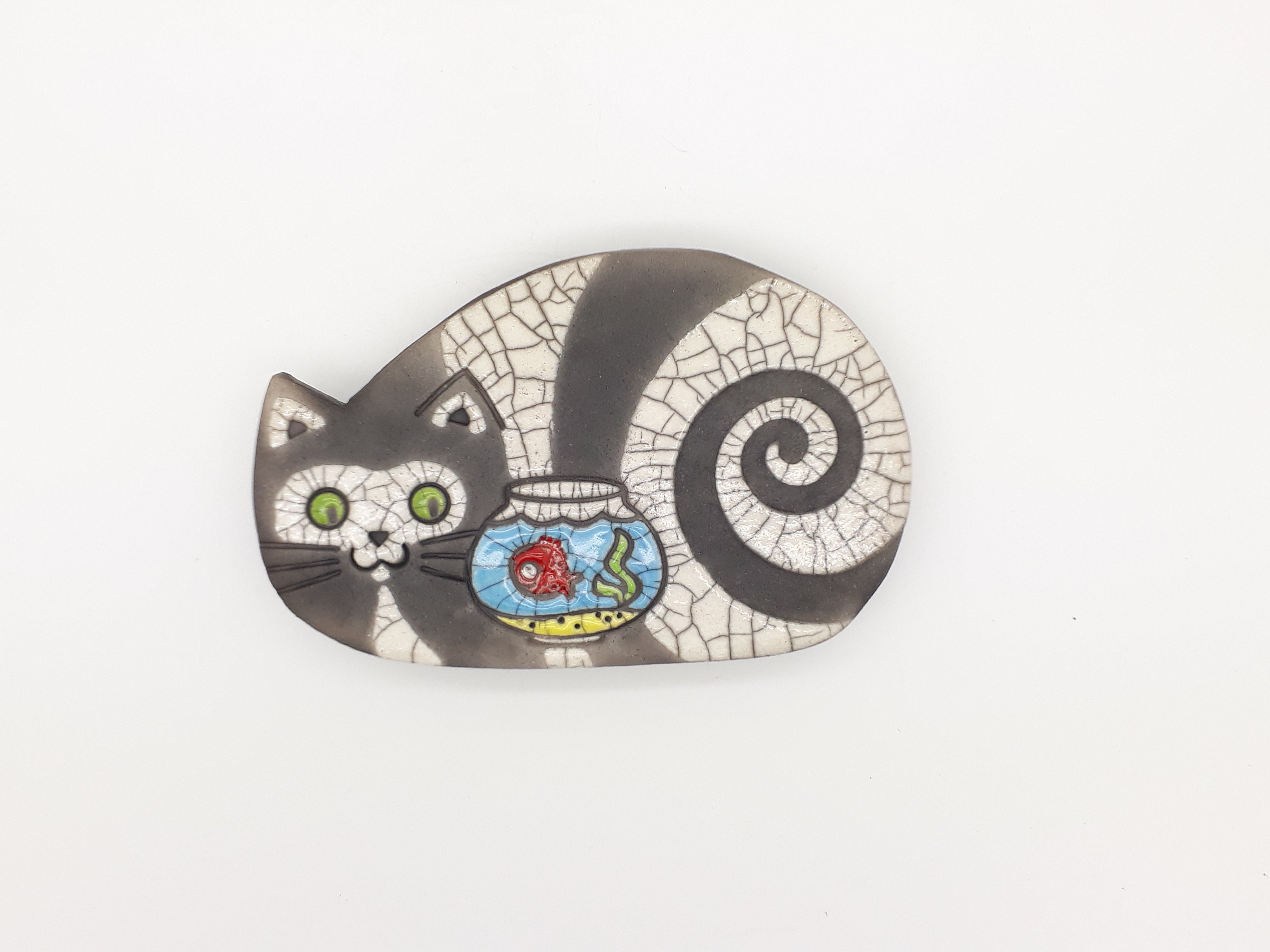 Plaque Murale Raku Chat Boule à L'aquarium