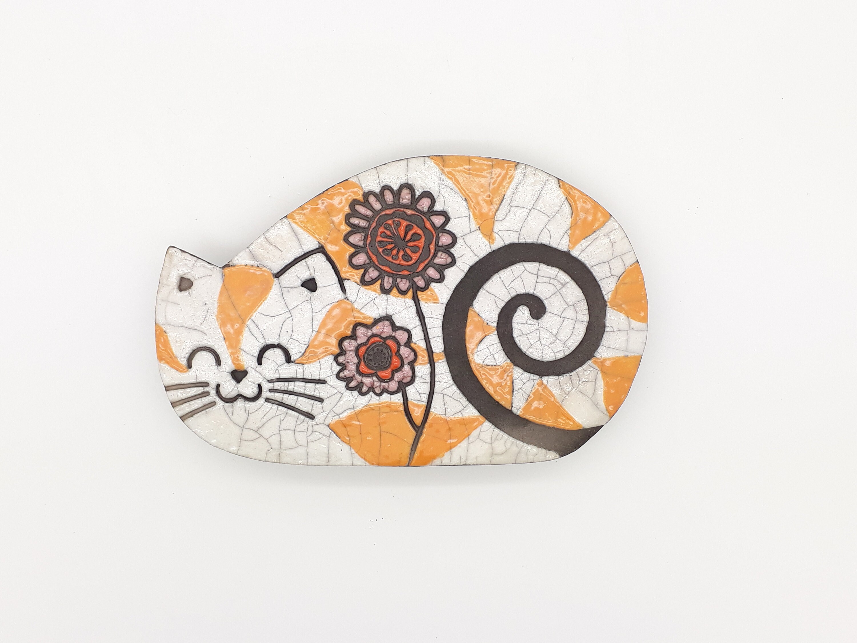 Plaque Murale Raku Chat Tigré Aux Fleurs