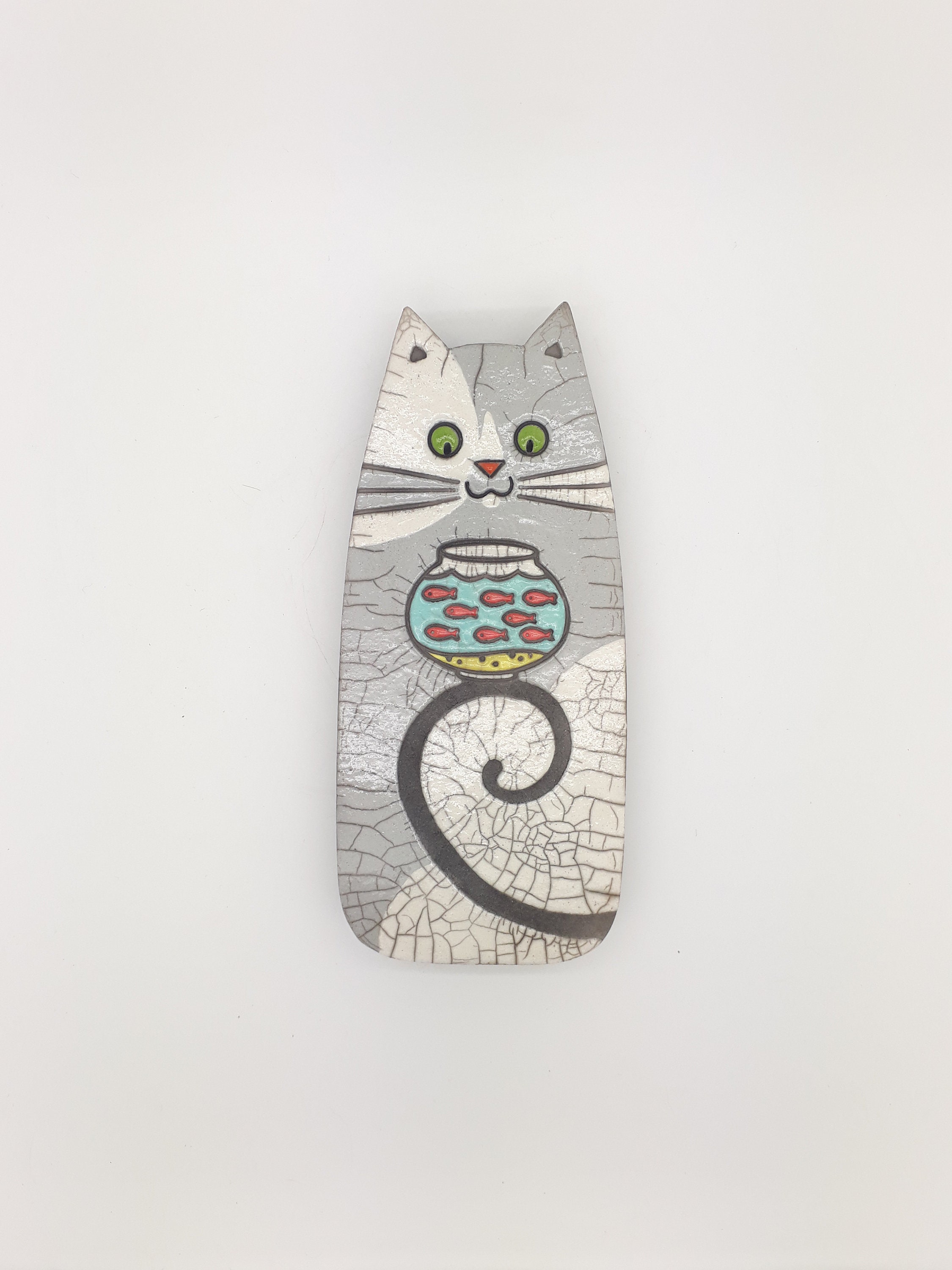 Plaque Murale Céramique Raku Chat et Aquarium